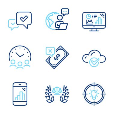 Eğitim simgeleri ayarlandı. Fikir olarak simge, Bulut hesaplaması, İşaretleri Onayla. Buluşma zamanı, adalet terazileri, reddedilmiş ödeme sembolleri. Grafik telefon, Analitik grafik çizelgesi simgeleri. Satır simgeleri ayarlandı. Vektör