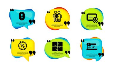 Sertifika, Geçiş ve İnceleme simgeleri basit seti. Tırnak içinde konuşma balonu. Bulmaca, kredi yüzdesi ve online belge tabelaları. Doğrulanmış belge, kaydırma sayfası, sözleşme. Vektör