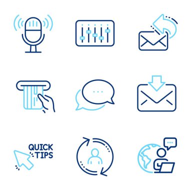 Teknoloji simgeleri ayarlandı. Kullanıcı bilgisi olarak simge eklendi, noktalar iletisi, posta işaretlerini paylaş. Kredi kartı, mikrofon, DJ kontrol sembolleri. Hızlı ipuçları, gelen posta hattı simgeleri. Satır simgeleri ayarlandı. Vektör