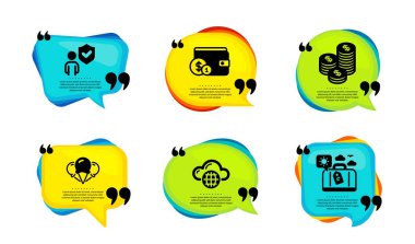 Bozuk paralar, aksesuar ve güvenlik simgeleri seti. Tırnak içinde konuşma balonu. Dondurma, bulut bilgisayarı ve seyahat valizi tabelaları. Nakit para, bozuk paralı cüzdan, koruma. Vektör