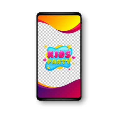 Çocukların parti etiketi. Telefon modelleme vektör pankartı. Eğlenceli oyun alanı afişi. Çocuk oyunları parti alanı ikonu. Sosyal hikaye posta şablonu. Çocuk parti rozeti. Cep telefonu çerçevesi. Vektör