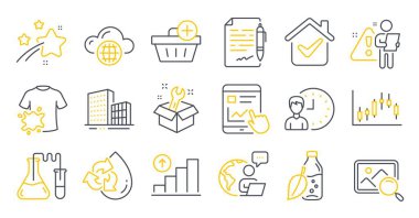 Grafik çizelgesi, su şişesi, geri dönüşümlü su sembolleri gibi iş simgeleri. Mum çizelgesi, bulut bilgisayarı, bina tabelaları. İnternet raporu, satın alma, kimya laboratuvarı. İngiliz anahtarı. Vektör
