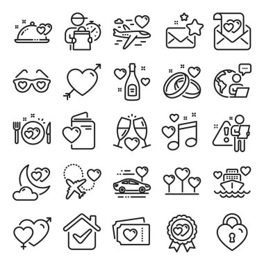 Balayı çizgisi simgeleri. Düğün arabası, evlilik yüzüğü, aşk. Gelin şampanyası, sevgililer günü ikonu. Birkaç bilet, balayı seyahati, evlilik gecesi. Düğün müziği, aşk kilidi. Satır simgesi ayarlandı. Vektör