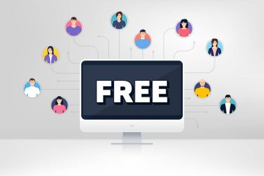 Bedava sembol. Uzaktan kumanda ekibi iş konferansı. Özel teklif işareti. Satılık. Çevrimiçi uzaktan öğrenme. Sanal video konferansı. Beleş mesaj. Vektör