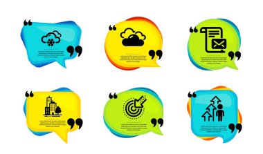 Posta mektubu, gökdelen binaları ve kar ikonlarının basit ikonları. Tırnak içinde konuşma balonu. Bulutlu hava, hedefleme ve çalışanların sonuç tabelaları. E-posta okuyun, kasaba mimarisi, kar tanesi. Vektör