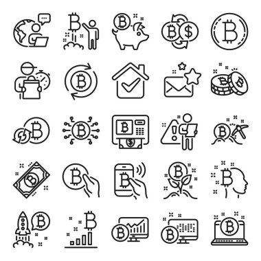Kripto para birimi çizgisi simgeleri. Blockchain seti, Crypto ICO ve Bitcoin simgeleri. Madencilik, kripto para değişimi, altın kazma. Bitcoin ATM, kripto paralar, finansal Meksika piyasaları, engelleme zinciri. Vektör