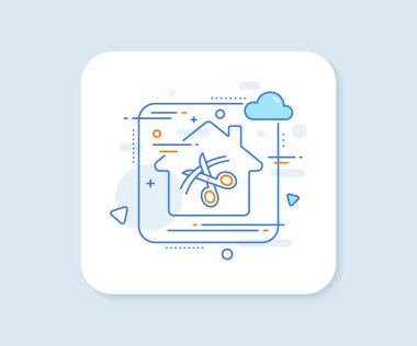 Makas çizgisi simgesi. Soyut vektör düğmesi. Kurdele kesme işareti. Terzi aletleri sembolü. Makas çizgisi simgesi. Ev konsepti rozeti. Vektör