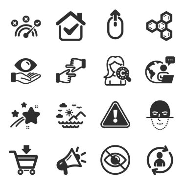 Kolajen derisi, deniz dağları, sembolleri silmek gibi düz simgeler. Sağlık görevlisi, bakmıyor, bilgi alabiliyor. Doğru cevap, kimyasal formül, megafon. Düz simgeleri tıklayın. Vektör