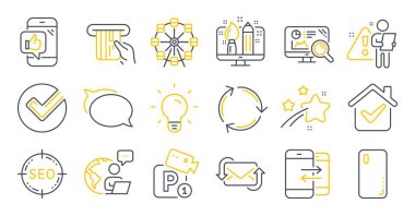 Kredi kartı, geri dönüşüm, yaratıcı tasarım sembolleri gibi bir dizi teknoloji simgesi. Park güvenliği, sohbet balonu, mobil işaretler. Seo Analizi, Telefon İletişimi, Tazeleme Postası. - Seo. Vektör