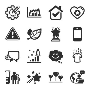 Infographic graph, Smartphone, Dry T-shirt sembolleri gibi iş simgeleri. Yaprak çiğ, tıbbi analiz, ekipman tabelaları. Kalp, Kazanan, Gelişim Planı. Gülümse ve konuş, aşkım. Vektör