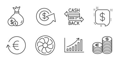 Nakit kart, grafik çizelgesi ve vantilatör hattı simgeleri ayarlandı. Ödeme mesajı, nakit ve dolar döviz tabelası. Para değişimi, para birimi sembolleri. Para ödemesi, büyüme raporu, solunum cihazı. Vektör