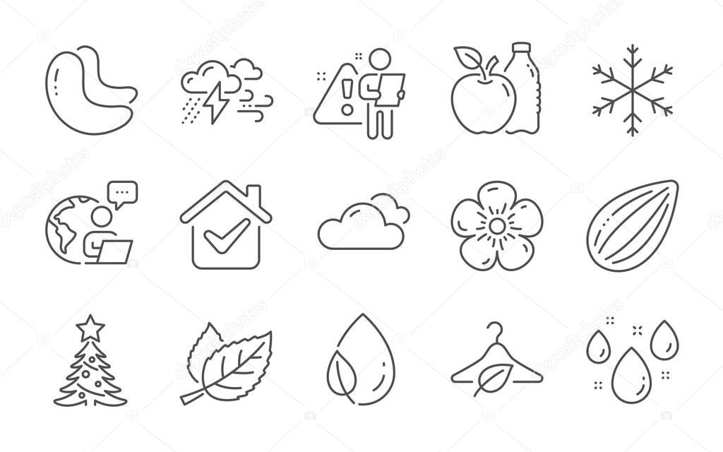 Cashew nut, Slow fashion and Rainy weather line icons set. Cloudy weather, Leaf dew and Snowflake signs. Apple, Christmas tree and Natural linen symbols. Almond nut, Leaf. Line icons set. Vector
