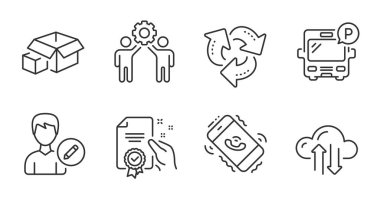 Otobüs parkı, Bulut senkronizasyonu ve sertifika çizgisi simgeleri ayarlandı. Çağrı merkezi, çalışanlar ekip çalışması ve insan imzalarını düzenleme. Kutular, geri dönüşüm sembolleri. Kaliteli çizgi simgeleri. Otobüs park kartı. Vektör
