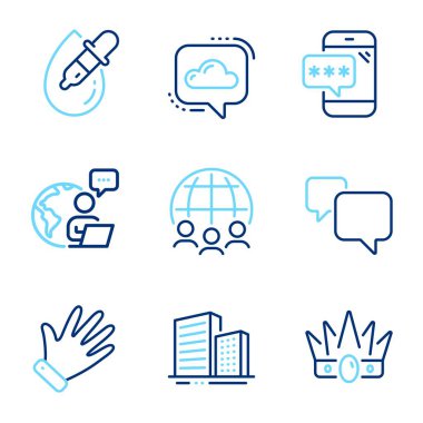 İş simgeleri ayarlandı. Konuşma balonu olarak ikon dahil, küresel iş, göz damlaları. Binalar, Taç, El sembolleri. Bulut iletişimi, telefon şifresi simgeleri. Satır simgeleri ayarlandı. Vektör