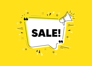 Satış sembolü. Megafon sarı vektör pankartı. Özel fiyat tabelası. Reklam indirimi sembolü. Tırnak içinde düşünce balonu. Satılık sohbet, megafon mesajını düşün. Vektör