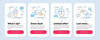 Dondurma, güvenli posta, sembolleri silme gibi iş simgeleri. Mobil ekran pankartları. Sürükleme ipi simgeleri. Vanilyalı waffle, özel e-posta, kaydırma sayfası. Çekil şuradan. Dondurma ikonları. Vektör