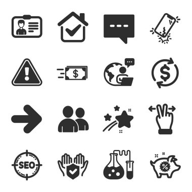 İş simgeleri, mesela Next, kimlik kartı, sigorta el sembolleri. Kullanıcılar, kimya laboratuvarı, akıllı telefon kırık tabelaları. Para transferi, dokunmatik ekran hareketi, blog. Seo, domuz satışı. Vektör