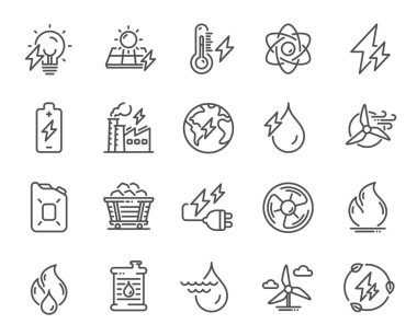 Enerji tipleri çizgi simgeleri. Kömür tramvayı, güneş panelleri, hidroelektrik güç ikonları. Sürdürülebilir Elektrik, Batarya Enerjisi, Yakıt Kutusu. Yel değirmeni gücü, kömür madeni ve hidroelektrik. Vektör