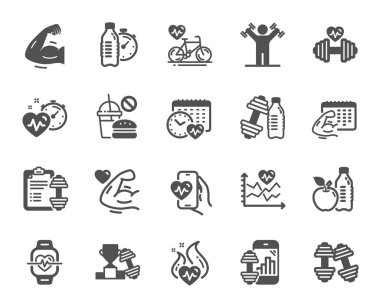 Fitness zamanı ikonları. Bisiklet egzersizi, Güçlü Kas Kolu, Spor salonu halterli. Eğitim analizi, egzersiz planı ve kardiyo egzersiz ikonları. Aptal spor aletleri, sağlıklı yiyecekler, kas gücü. Vektör