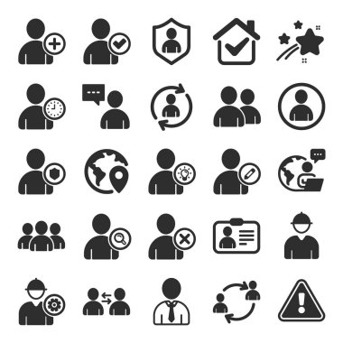 Kullanıcı simgeleri. Profil, bir grup insan ve destek işareti. Kimlik kartı, takım çalışanları ve iş adamı kullanıcı sembolleri. İnsan sohbeti, mühendis profili ve insan yönetimi. İş desteği. Düz simge seti. Vektör