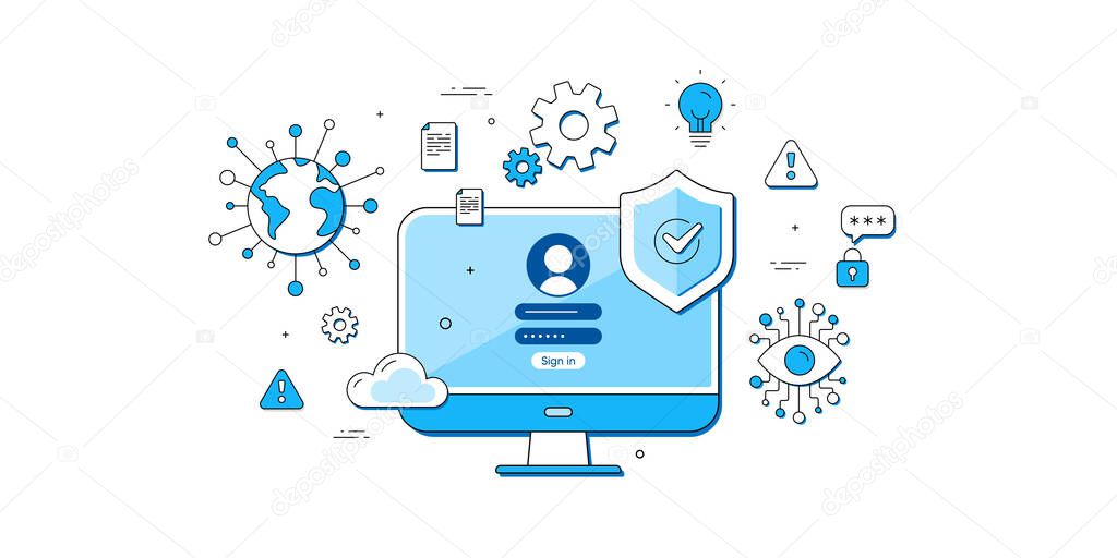 Cyber security access icons. Protect cloud data, Approved login page, Online virtual access. VPN data encryption, personal cyber protection, internet security. Artificial intelligence eye icon. Vector