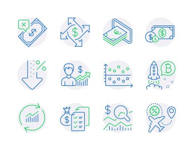 Finans simgeleri ayarlandı. Reddedilmiş ödeme, ödeme değişimi, dolar para işaretleri olarak simge dahil. Yatırımları kontrol et, düşük yüzde, iş büyüme sembolleri. Muhasebe zenginliği, nakit para, verileri güncelleme. Vektör