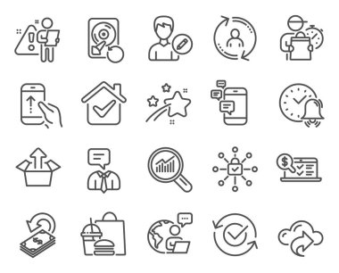 Teknoloji simgeleri ayarlandı. Veri analizi olarak simge, kurtarma kabı, güvenlik kilidi işaretleri dahil. Destek servisi, Düzenleyici kişi, Kullanıcı bilgi simgeleri. Onaylandı, Geçir, Gönder kutusu. İletişim. Vektör