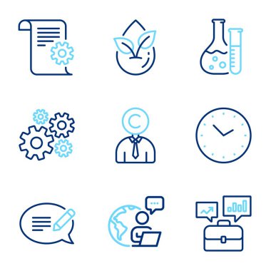 Bilim simgeleri ayarlandı. Zaman olarak simge, organik ürün, kimya laboratuvar işaretleri dahil. Cogwheel, Telif Hakkı, Teknik Belgeleme Sembolleri. İş portföyü, Mesaj hattı simgeleri. Saat, Yaprak. Vektör