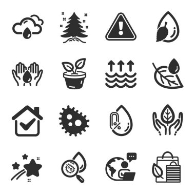 Güvenli su, Noel ağacı, Yaprak sembolleri gibi bir dizi doğa ikonu. Alkol yok, bakteri yok, biyolojik alışveriş tabelaları yok. Adil ticaret, su analizi, çiğ taneleri. Buharlaşma, yağmurlu hava. Vektör
