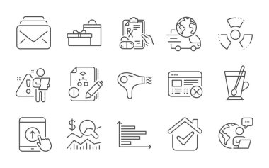 Saç kurutma makinesi, yatırımı kontrol et ve Reddet web sitesi simgeleri ayarlandı. Teslimat servisi, yukarı kaydırın ve yatay tabelalar. Posta, Algoritma ve Kimyasal Tehlike sembolleri. Satır simgeleri ayarlandı. Vektör