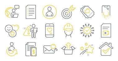 Smile, Foreman, Avatar sembolleri gibi iş simgeleri. Aşk bileti, güvenlik ağı, hisse senetleri. Gönderme kutusu, video dosyası, akıllı telefon kurtarma. Arama postası, aşk sohbeti, belge. Vektör