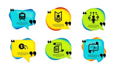 İş yolu, Tren ve Omuz Kayışı simgeleri basit set. Tırnak içinde konuşma balonu. Ödeme, Belgeler ve Hedef Yol İşaretleri. Doğru yol, Tram, Yıldız rütbesi. Kullanıcı parası, ofis dosyası, iş hedefi. Vektör