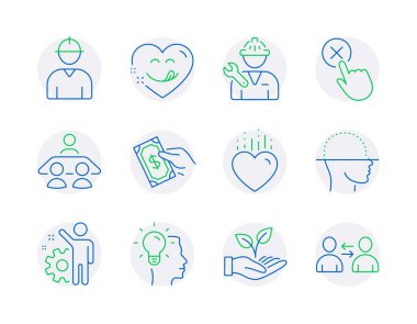 İnsan simgeleri ayarlandı. Ödeme parası olarak ikon, leziz gülümseme, çalışanlar tabelaları. Röportaj işi, fikir, el sembolleri. Mühendis, yüz taraması, reddetme tıklaması. Tamirci, Kalp, İletişim. Vektör
