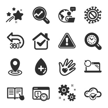 Toparlanma dizüstü bilgisayarı, okuma talimatı, 360 derece sembol gibi bir dizi bilim simgesi. Yer, bulut hesaplama, yağ serumu işaretleri. Coronavirus, iş, zaman yönetimi. Analitik düz simgeler. Vektör