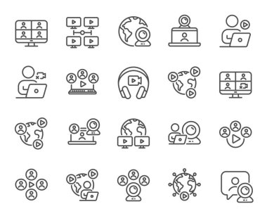 Çevrimiçi buluşma hattı simgeleri. Sanal sunum, video konferansı, canlı sohbet simgeleri. Takım videosu, dijital eğitim, online sunum. Canlı Webinar, Uzak Takım Konferansı, Sanal Çalışma. Vektör
