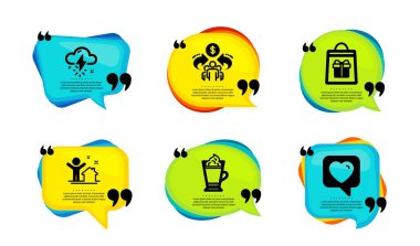 Ekonomik paylaşım, Latte kahve ve fırtına ikonları basit set. Tırnak içinde konuşma balonu. Yeni ev, tatil alışverişi ve kalp işaretleri. Vektör