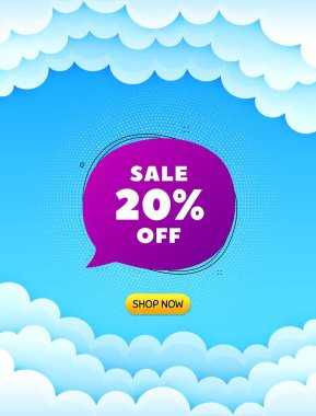 % 20 indirimli pankart. Mesaj içeren bulutlu gökyüzü arkaplanı. İndirimli çıkartma şekli. Kupon rozeti ikonu. En iyi reklam kuponu bulut afişi. Satış balonu rozeti şeklinde. Vektör