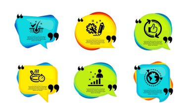 Kepek tanecikleri, kızartma tavası ve tazeleme basit ikonlar gibi. Tırnak içinde konuşma balonu. Mühendislik, İstatistik ve Dış Kaynaklar. Sağlıklı saçlar, yemek zamanlayıcısı, parmaklar tezgahta. Vektör