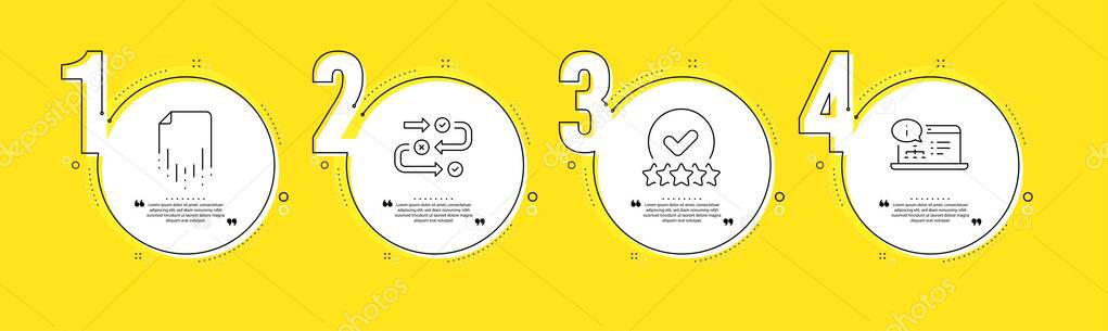 Recovery file, Rating stars and Survey progress line icons set. Timeline process infograph. Online documentation sign. Backup document, Verified rank, Algorithm. Web engineering. Education set. Vector