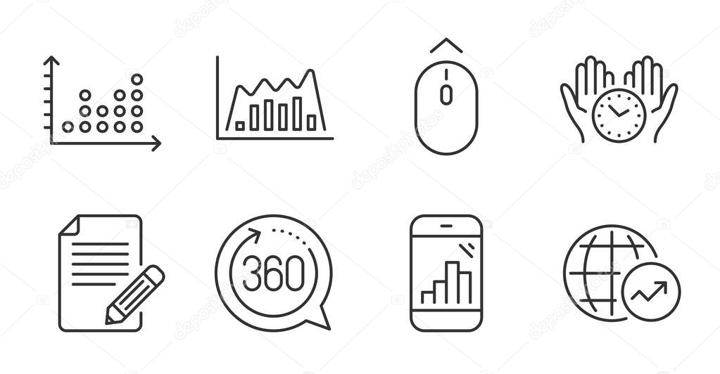 Graph phone, Safe time and Infographic graph line icons set. World statistics, Article and 360 degrees signs. Swipe up, Dot plot symbols. Mobile statistics, Hold clock, Line diagram. Vector