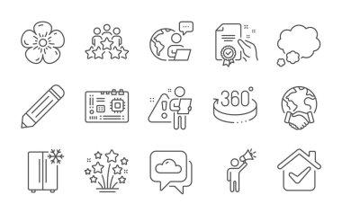 Hava tahmini, sohbet balonu ve iş görüşmesi çizgisi simgeleri ayarlandı. Buzdolabı, sertifika ve anakart tabelaları. Havai fişek yıldızları, doğal keten ve marka elçilik sembolleri. Satır simgeleri ayarlandı. Vektör
