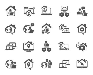 Ev ikonlarında çalış. Uzaktan çalışan, serbest çalışan, ofis çalışanı. Evde kal, internet işi, uzaktan kumandalı takım çalışması ikonları. Bilgisayarlı işçi, çalışma alanı, paylaşılan ağ. Vektör