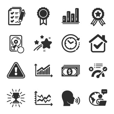 Kazanan kurdele, diyagram çizelgesi, ödeme sembolleri gibi eğitim simgeleri. İnsan şarkısı, ödül, araştırma listesi işaretleri. Doğru cevap, İyileşme Hortumu, zaman değişimi. Grafik, kupa. Vektör