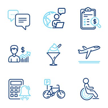 İş simgeleri ayarlandı. İş büyümesi, engellilik, bisiklet park levhası gibi simgeler de dahil. Dondurma, kalkış uçağı, noktalar mesaj sembolleri. Hesap makinesi alarmı, muhasebe raporu simgeleri. Vektör