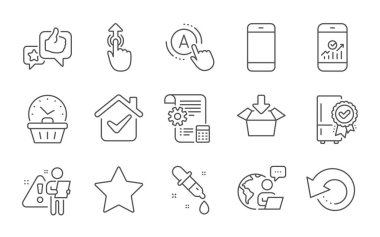 Kurtarma verileri ve Ayarlar şablon çizgisi simgeleri ayarlandı. Akıllı telefon istatistikleri, yukarı kaydırma ve Ab test tabelaları. Kimya pipeti, sertifikalı buzdolabı ve son dakika sembolleri. Vektör