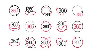 360 derece çizgi simgeleri. Oku çevir, VR panoramik simülasyon ve artırılmış gerçeklik. 360 derece sanal oyun, soyut geometri, tam dönüşlü görüş simgeleri. Doğrusal küme. Doğrusal küme. Vektör