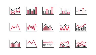 Çizelgeler ve grafikler çizgi simgeleri. Candlestick grafiği, Infochart ve Report diyagramı. Sunum doğrusal simgesi seti. Doğrusal küme. Kalite ayarlandı. Vektör