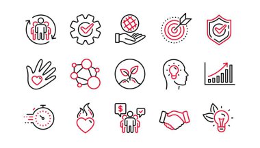 Çekirdek değer çizgisi simgeleri. Bütünlük, Hedef Amacı ve Strateji. Güven tokalaşması, sosyal sorumluluk, bağlılık hedefi simgeleri. Doğrusal küme. Doğrusal küme. Kalite ayarlandı. Vektör