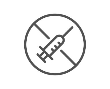 Aşı çizgisi simgesi yok. Aşı işaretini durdur. Şırınga saplama sembolü. Kalite tasarım elemanı. Doğrusal stil, aşı simgesi yok. Düzenlenebilir felç. Vektör