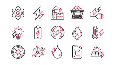 Enerji tipleri çizgi simgeleri. Kömür tramvayı, güneş panelleri, hidroelektrik güç ikonları. Sürdürülebilir Elektrik, Batarya Enerjisi, Yakıt Kutusu. Yel değirmeni gücü, kömür madeni ve hidroelektrik. Vektör